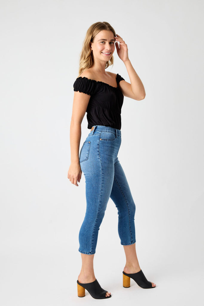 High Waist Pull On Cool Denim Capri