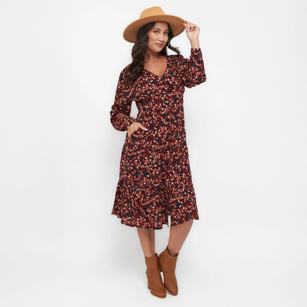 Tiered Long Sleeve Dress W/  Buttons