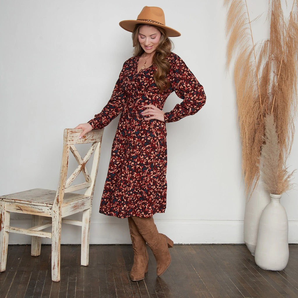 Tiered Long Sleeve Dress W/  Buttons