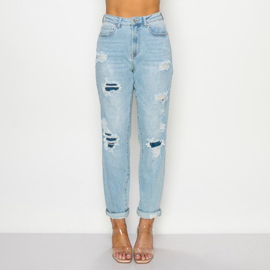 Wax Jeans - Distressed Mom Jeans - Light Wash