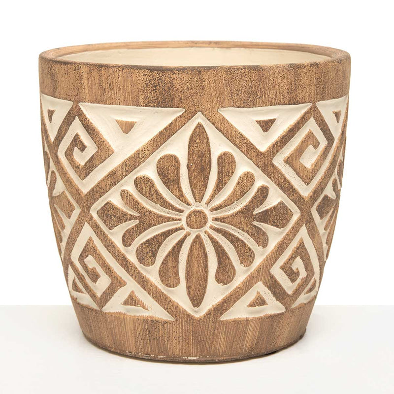 POT FLORAL MEDALLION LARGE 5.5IN X 5IN LIGHT BROWNCREAM CONCRETE WITH WATERTIGHT GLAZE WILL HOLD 5I