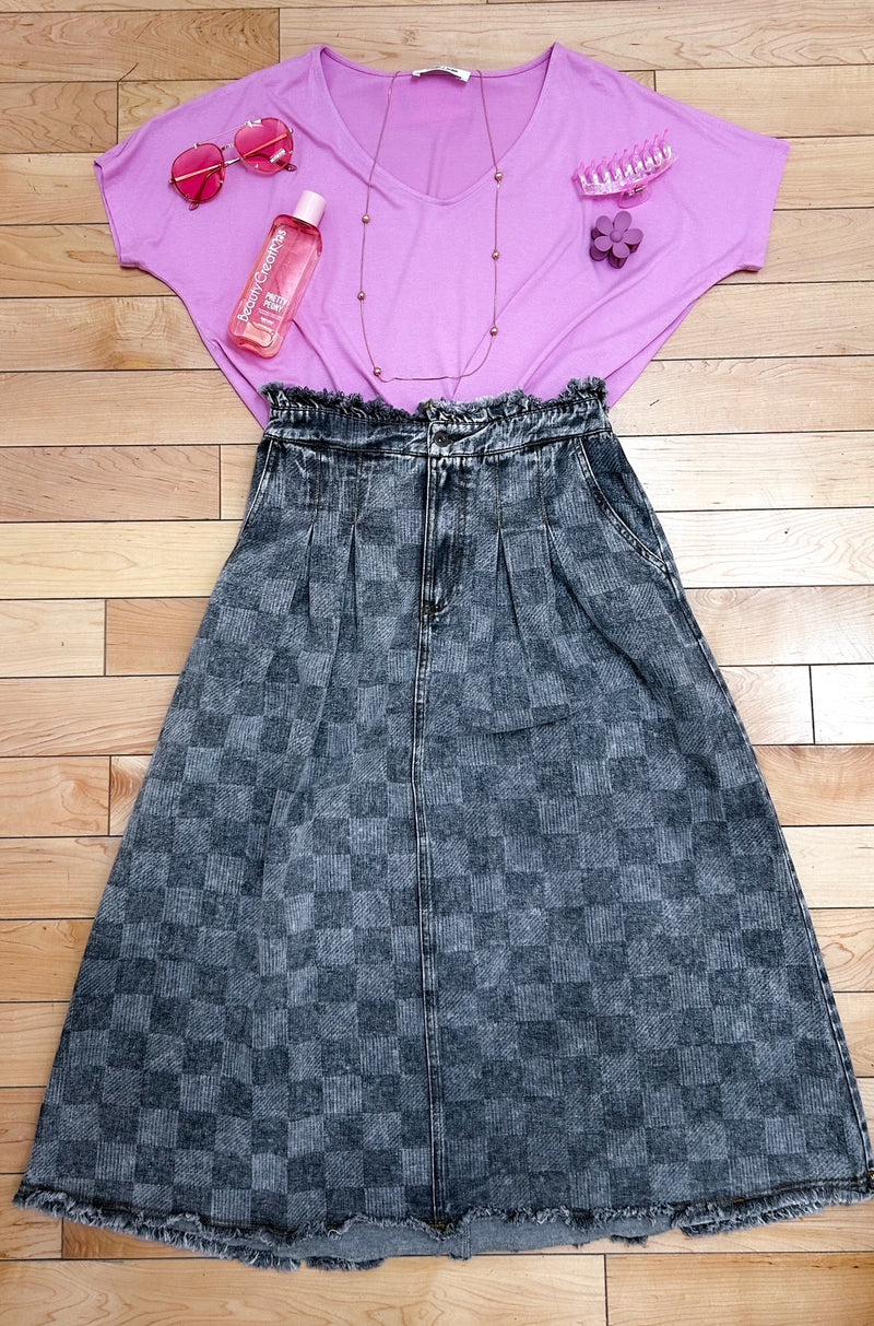 GREY CHECKED WASHED CHECKERED DENIM MIDI SKIRT