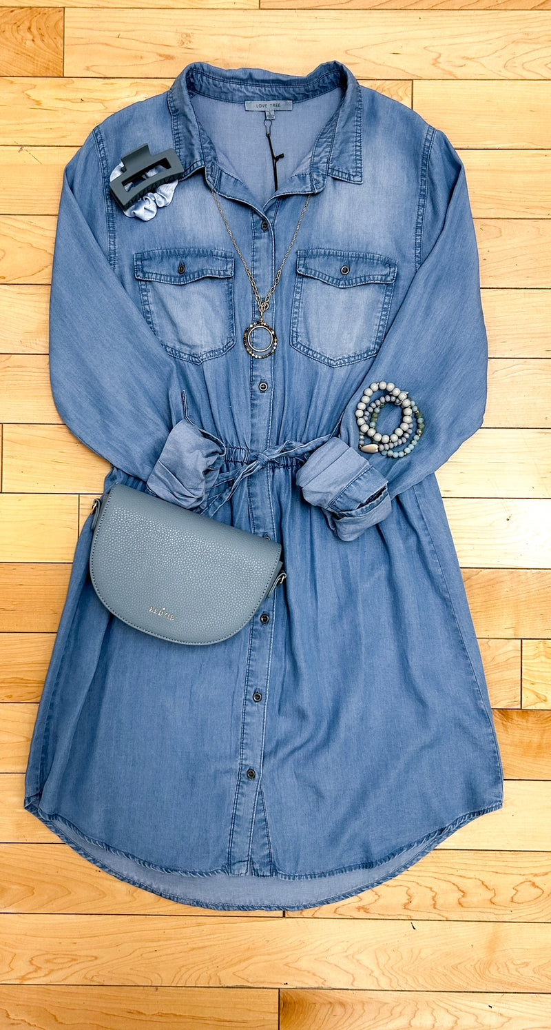 BLUE ROLL- UP TENCEL MINI SHIRT DRESS