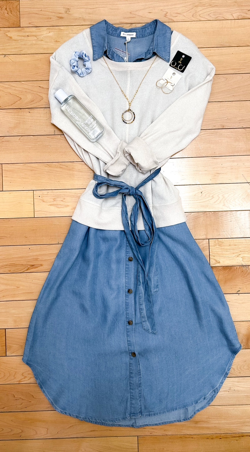 Blue Belted Dress, Midi