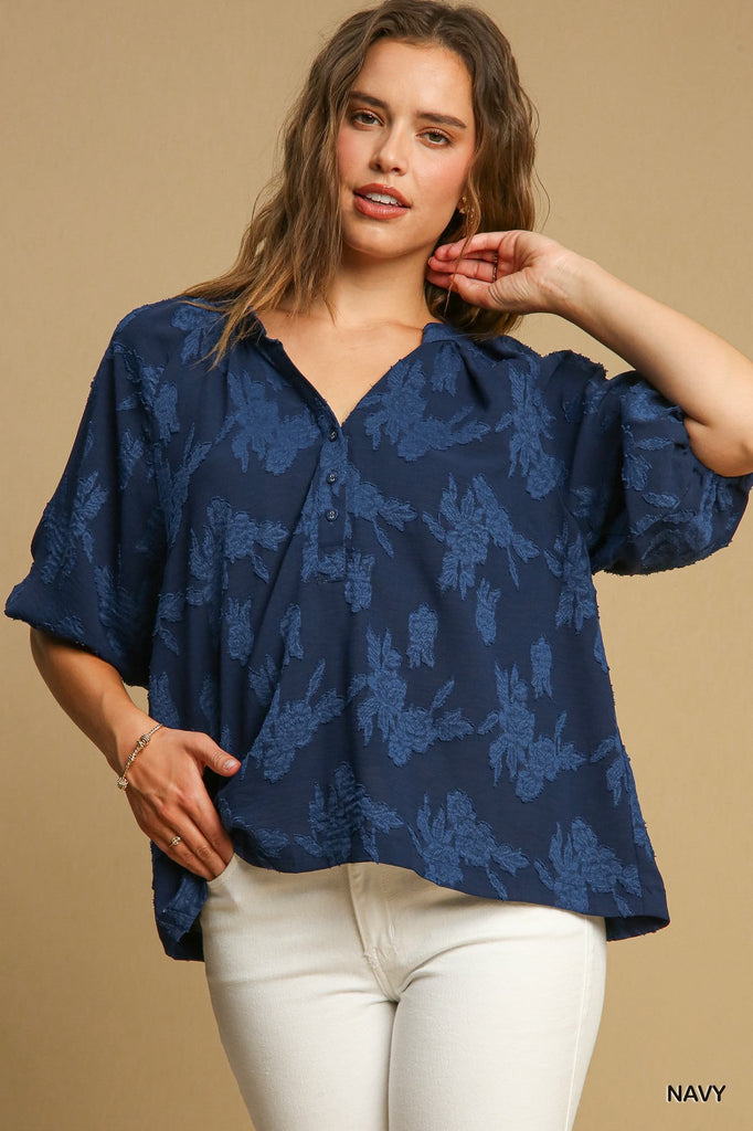 Navy Split Neck Top