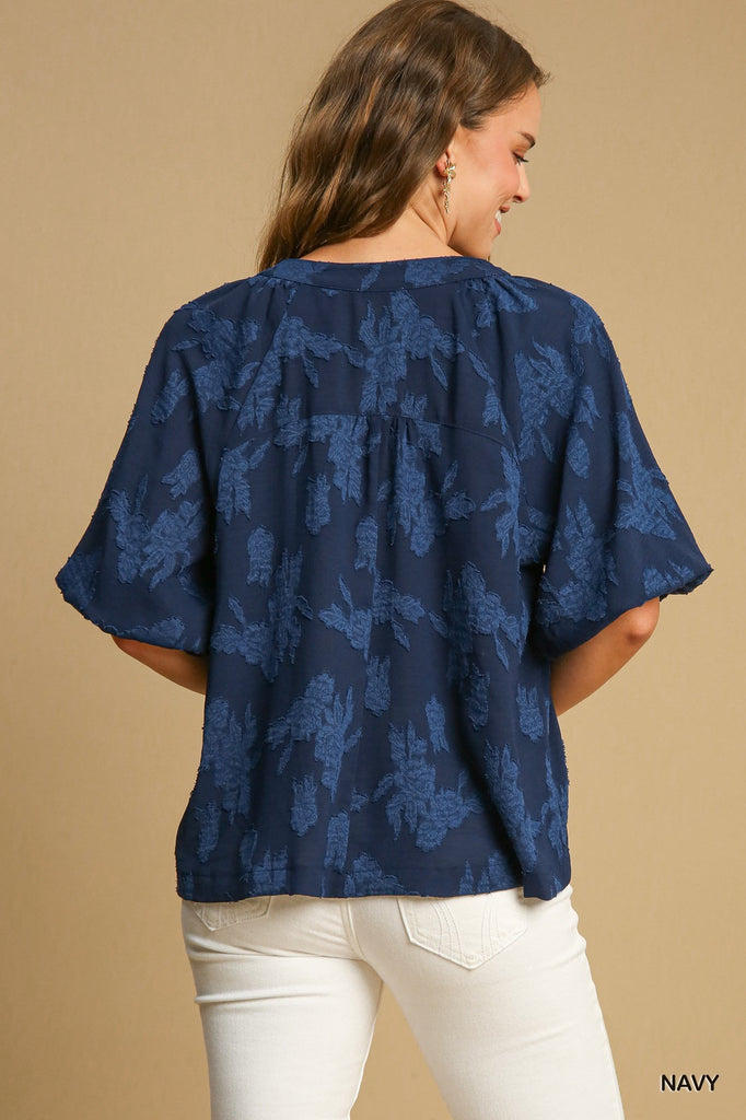Navy Split Neck Top