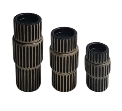 Wood Ribbed Black Candle Holder