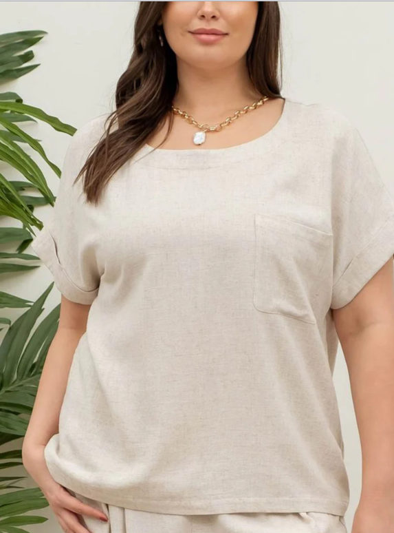 Curvy Oatmeal Linen Top