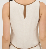 Natural Linen Crop Top, brown trim