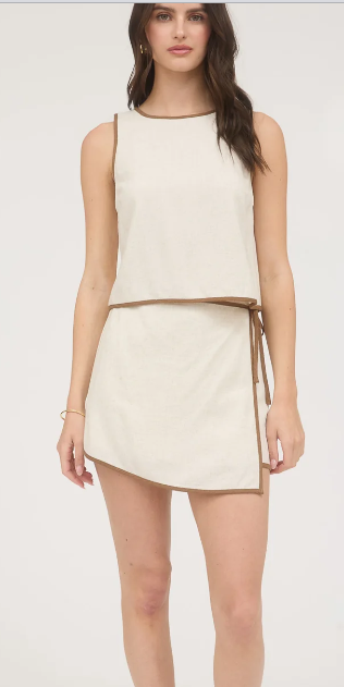 Natural Linen Crop Top, brown trim