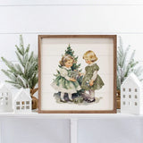 Vintage Girls Christmas With Large Tree - 8x8