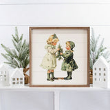 Vintage Girls Christmas With Small Tree - 12x12