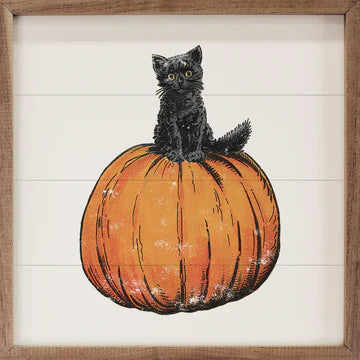 Vintage Halloween Cat On Pumpkin White