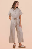 Half Button Down Strip Linen Woven Jumpsuit