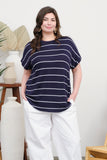 Curvy Stripe Round Neck Short Cuff Sleeve Knit Top