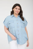 Curvy Stripe Collared Pocket Chambray Top