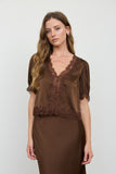 Satin Lace Trim V Neck Puff Sleeve Blouse