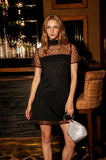 Beaded Tulle Mesh Short Sleeve Back Tie Mini Dress