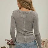 Washed Long Sleeve Ribbed Henley Knit Top