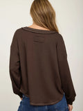 Raw Edge V-neck Long Sleeve Textured Knit Top - Chocolate Brown