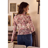 Floral Print Mesh Knit Long Sleeve Top With Thumb