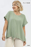 Curvy Linen Blend Rolled Sleeve Top