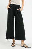 Linen Blend Whide Leg Pants, Scallop Hem