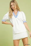 French Terry Ruffle Trim Puff Sleeve Top