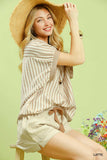 Stripe Collared Overzied Top, Split Vneck