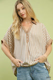 Stripe Collared Overzied Top, Split Vneck