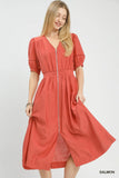 Zip Front Smocked Waist Midi Dress
