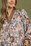 Floral Contrast Trim Long Sleeve Top
