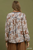 Floral Contrast Trim Long Sleeve Top