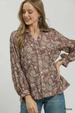 Paisley Print Button Front Peplum Blouse