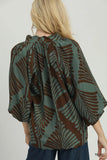 Print Woven Top With Split Neck And Balloon Sleeve Scallop Hem