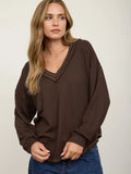 Raw Edge V-neck Long Sleeve Textured Knit Top - Chocolate Brown