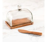 Glass & Wood Butter Dish W/ Wood Knife