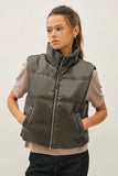 Grey Leather Puffer With Pockets