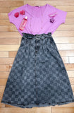 GREY CHECKED WASHED CHECKERED DENIM MIDI SKIRT