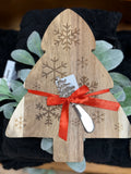 S/2 10l Laser Cut Snowflakes RUBBER WOOD TREE Shape Board W/ Cheese Spreader (dims:board: 8.54 X 10.