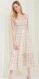 Plaid Smocked Ruffle Strap Tiered Midi Dress