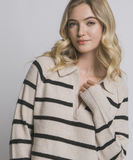 Beige V-neck Stripe Polo Sweater