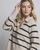 Beige V-neck Stripe Polo Sweater