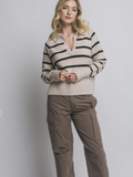 Beige V-neck Stripe Polo Sweater