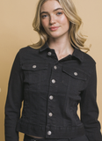 Black Distressed Button Up Stretchy Cotton Denim Jacket