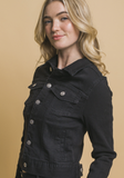 Black Distressed Button Up Stretchy Cotton Denim Jacket