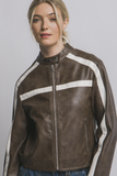 Brown Stripe Faux Leather Jacket