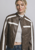 Brown Stripe Faux Leather Jacket