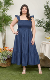 Dark Denim Ruffle Strap Smocked Midi Dress
