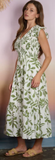 Floral Leaf Print Smocked Mock Button Midi Dress